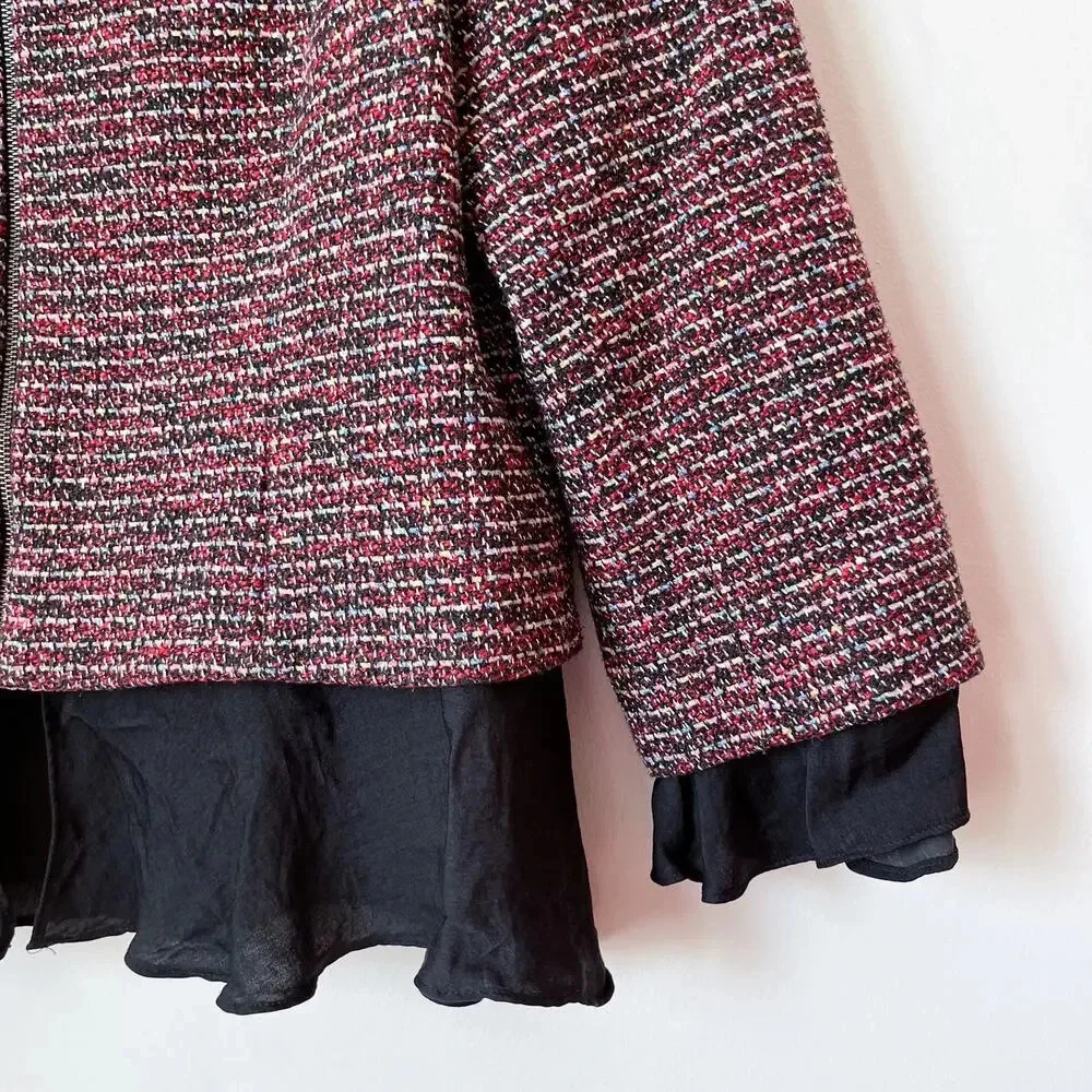 Slate &‎ Willow Tweed Ruffle Trim Peplum Jacket Blazer Zip Size 12 Career Work